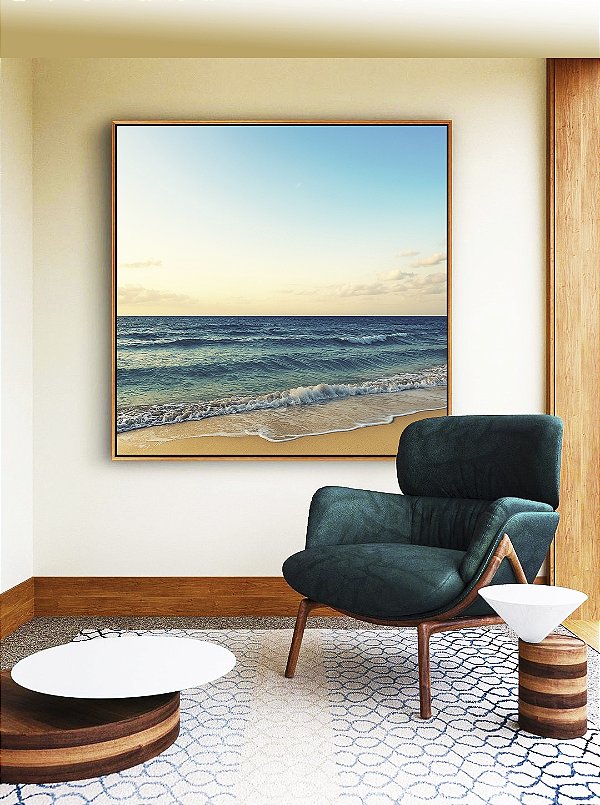 Quadro Quadrado Praia de Mar Azul Intenso e Céu Claro Natureza Canvas Moldura