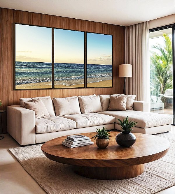 Trio de Quadros Praia de Mar Azul Intenso e Céu Claro Natureza Canvas Moldura