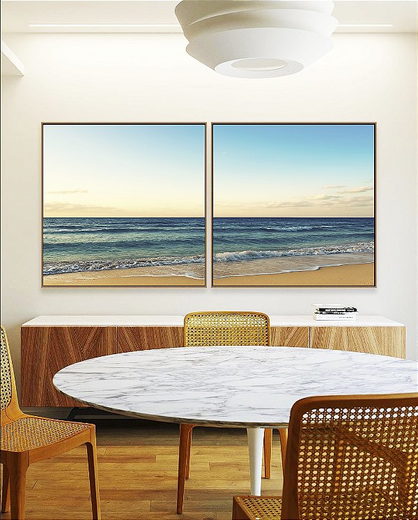 Duo de Quadros Quadrados Praia de Mar Azul Intenso e Céu Claro Natureza Canvas Moldura