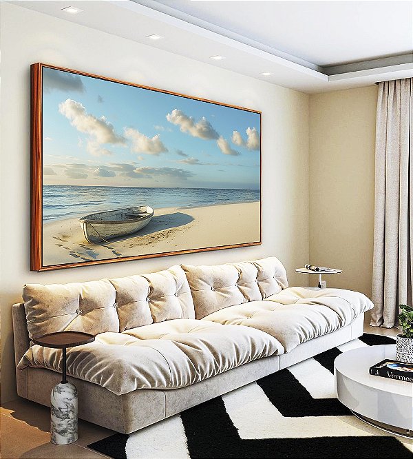 Quadro Horizontal Barco em Praia de Mar Calmo e Céu Com Nuvens Natureza Canvas Moldura