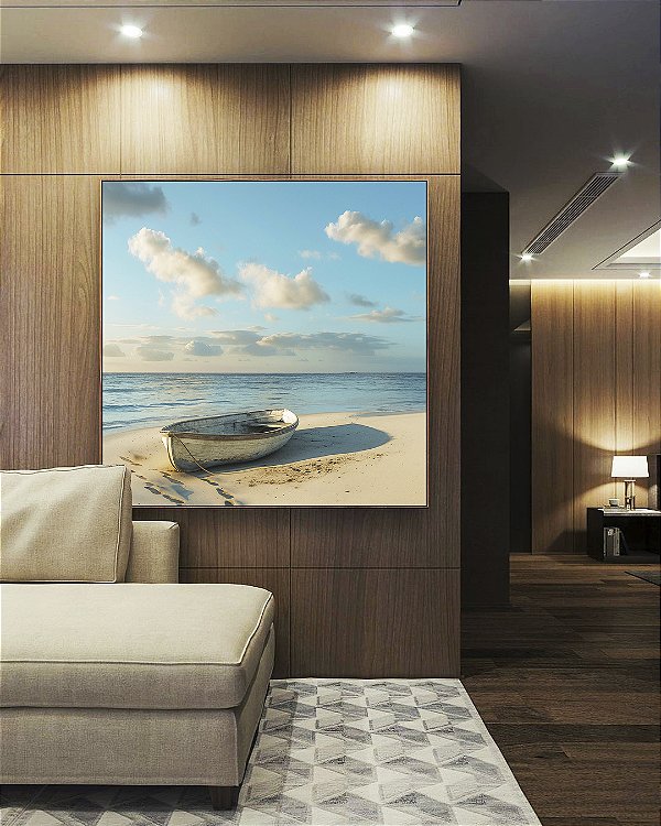 Quadro Quadrado Barco em Praia de Mar Calmo e Céu Com Nuvens Natureza Canvas Moldura