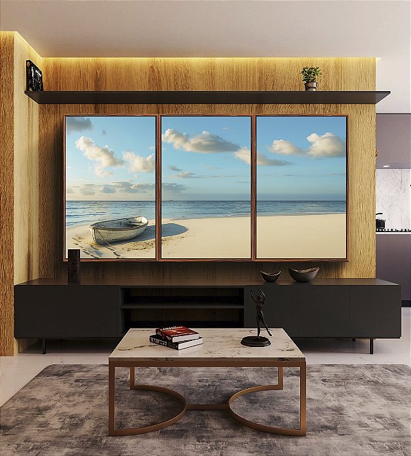 Trio de Quadros Barco em Praia de Mar Calmo e Céu Com Nuvens Natureza Canvas Moldura