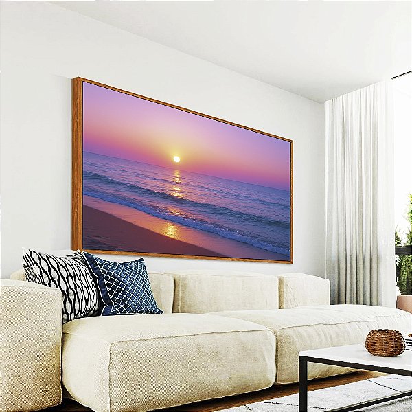 Quadro Horizontal Pôr do Sol Rosa Lilás em Praia de Mar Calmo Natureza Canvas Moldura