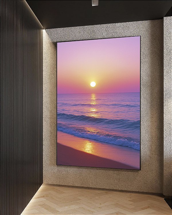 Quadro Vertical Pôr do Sol Rosa Lilás em Praia de Mar Calmo Natureza Canvas Moldura