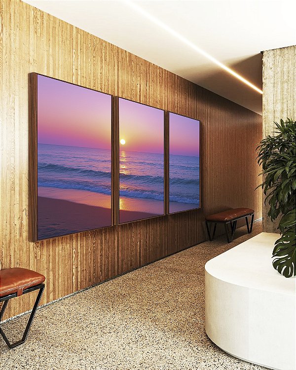 Trio de Quadros Pôr do Sol Rosa Lilás em Praia de Mar Calmo Natureza Canvas Moldura