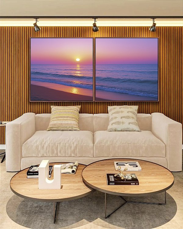 Duo de Quadros Quadrados Pôr do Sol Rosa Lilás em Praia de Mar Calmo Natureza Canvas Moldura