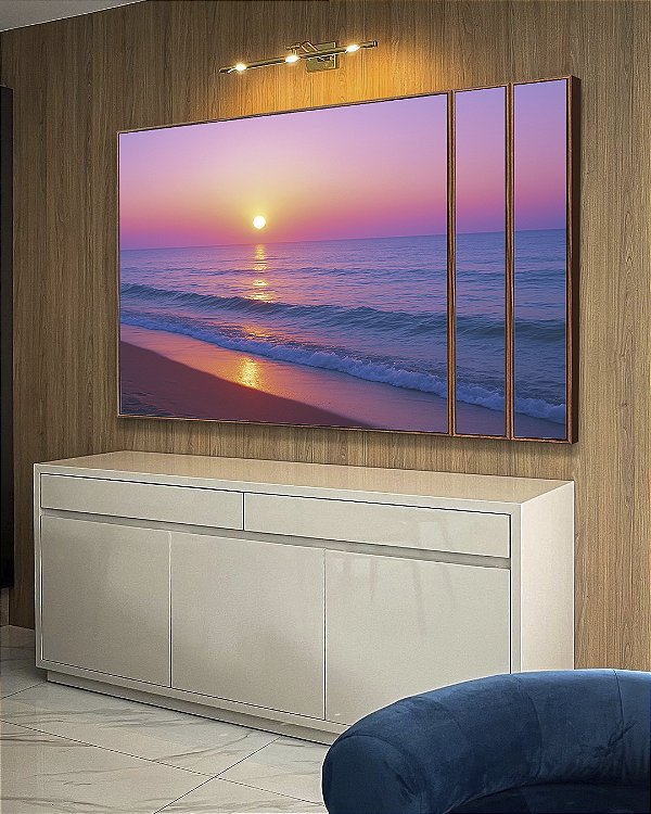 Trio de Quadros Estilizados Pôr do Sol Rosa Lilás em Praia de Mar Calmo Natureza Canvas Moldura