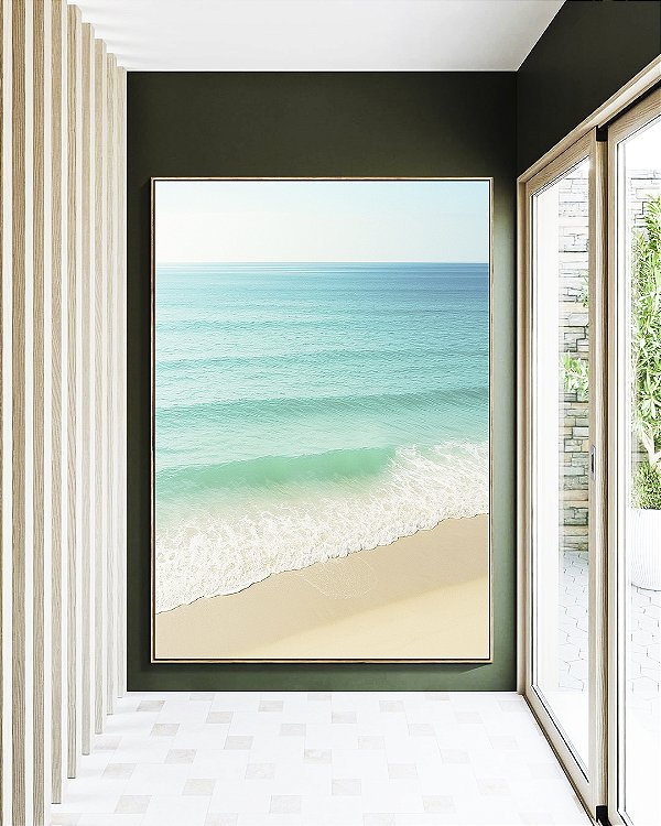 Quadro Vertical Praia de Mar Calmo Turquesa e Céu Claro Natureza Canvas Moldura