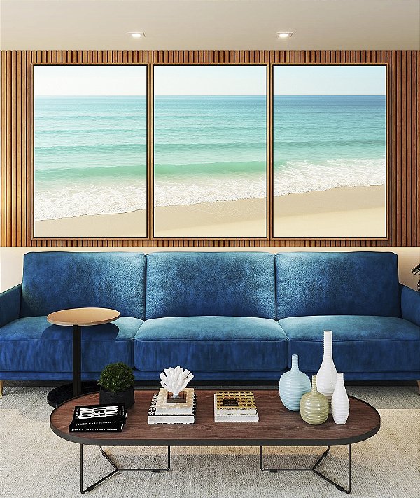 Trio de Quadros Praia de Mar Calmo Turquesa e Céu Claro Natureza Canvas Moldura