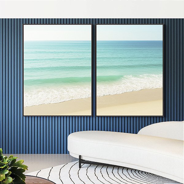 Duo de Quadros Praia de Mar Calmo Turquesa e Céu Claro Natureza Canvas Moldura
