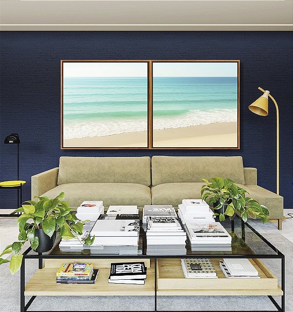 Duo de Quadros Quadrados Praia de Mar Calmo Turquesa e Céu Claro Natureza Canvas Moldura