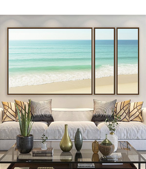 Trio de Quadros Estilizados Praia de Mar Calmo Turquesa e Céu Claro Natureza Canvas Moldura