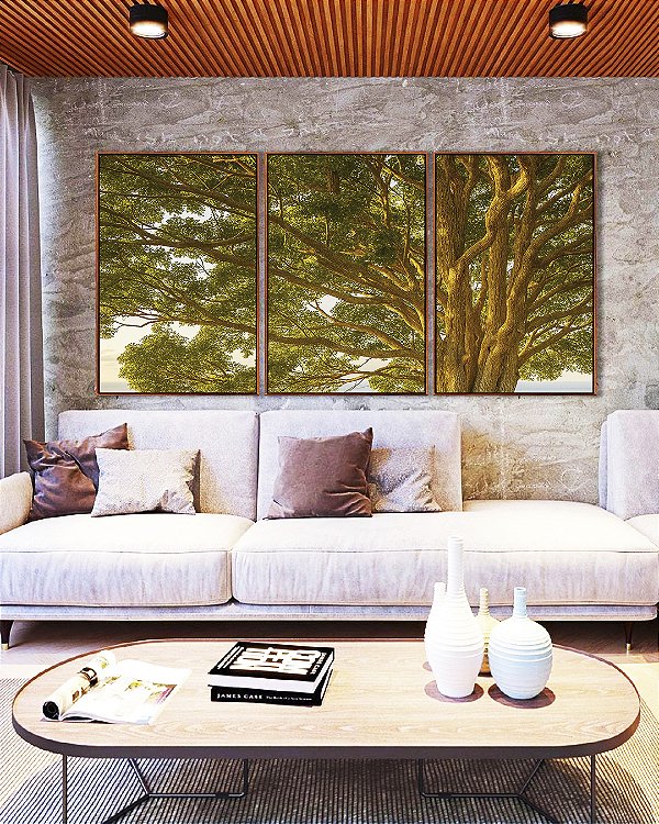 Trio de Quadros Árvore Folhas Verdes Sol Paisagem Natureza Canvas Moldura