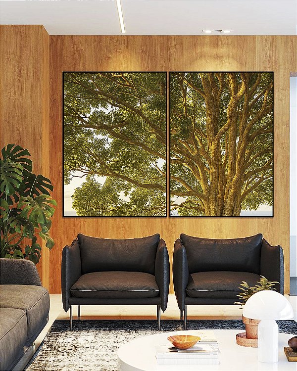 Duo de Quadros Árvore Folhas Verdes Sol Paisagem Natureza Canvas Moldura