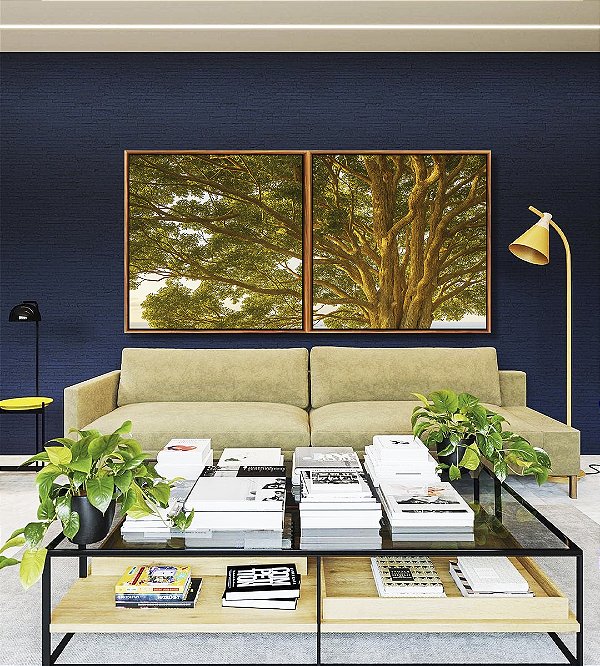 Duo de Quadros Quadrados Árvore Folhas Verdes Sol Paisagem Natureza Canvas Moldura