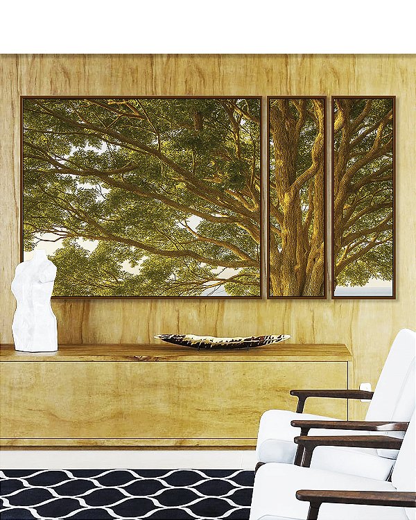 Trio de Quadros Estilizados Árvore Folhas Verdes Sol Paisagem Natureza Canvas Moldura