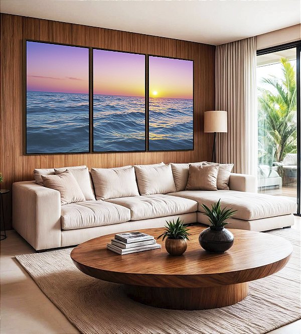 Trio de Quadros Mar Azul Céu Rosa Sol Reluzente Natureza Canvas Moldura