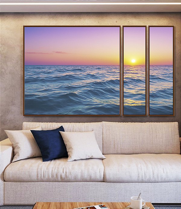 Trio de Quadros Estilizados Mar Azul Céu Rosa Sol Reluzente Natureza Canvas Moldura