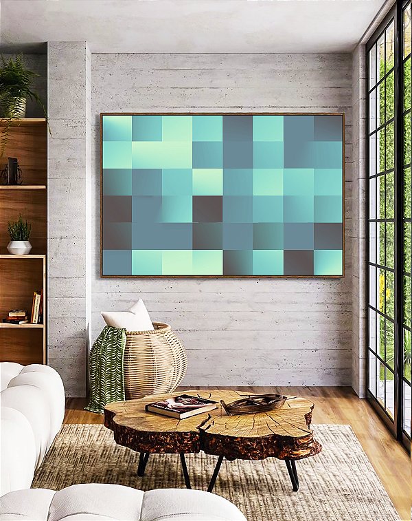 Quadro Horizontal Abstrato Mosaico Geométrico Degradê Azul Turquesa Canvas Moldura