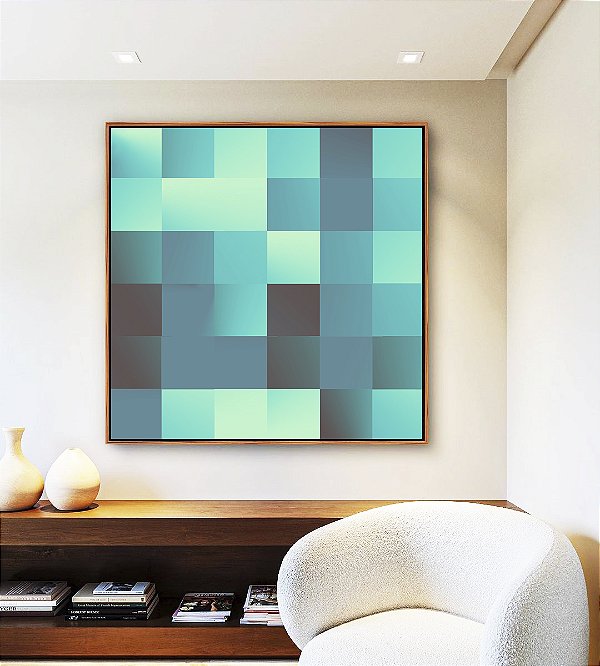 Quadro Quadrado Abstrato Mosaico Geométrico Degradê Azul Turquesa Canvas Moldura