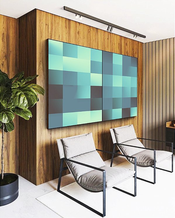 Duo de Quadros Abstrato Mosaico Geométrico Degradê Azul Turquesa Canvas Moldura