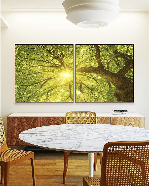Duo de Quadros Quadrados Árvore Folhas Verdes Luzes do Sol Céu de Floresta Canvas Moldura