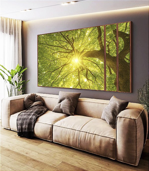 Trio de Quadros Estilizados Árvore Folhas Verdes Luzes do Sol Céu de Floresta Canvas Moldura