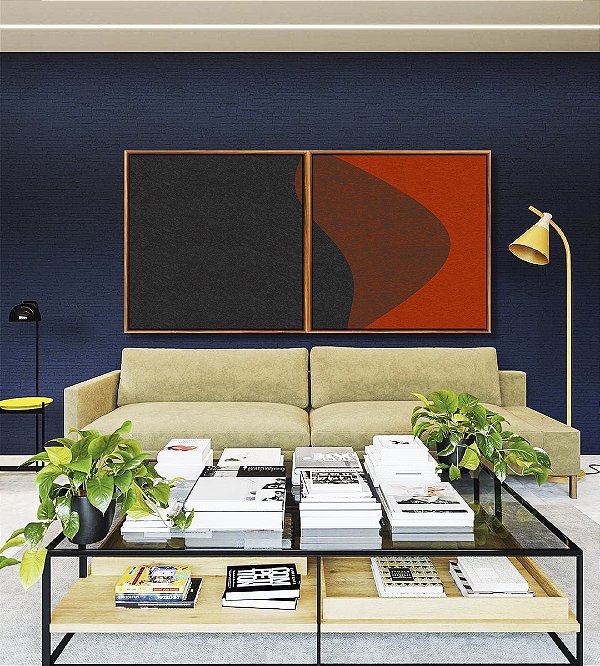 Duo de Quadros Quadrados Abstrato Preto Vermelho Telha Textura Minimalista Canvas Moldura