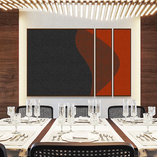Trio de Quadros Estilizados Abstrato Preto Vermelho Telha Textura Minimalista Canvas Moldura