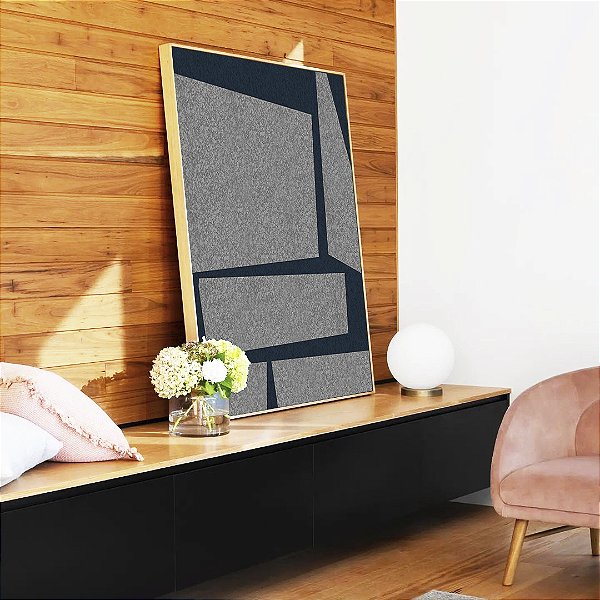 Quadro Vertical Abstrato Cinza Azul Mosaico Minimalista Canvas Moldura