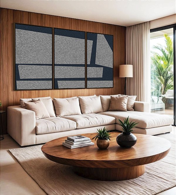 Trio de Quadros Abstrato Cinza Azul Mosaico Minimalista Canvas Moldura