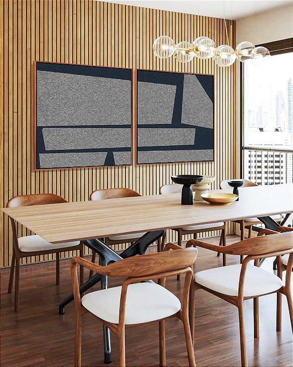 Duo de Quadros Quadrados Abstrato Cinza Azul Mosaico Minimalista Canvas Moldura