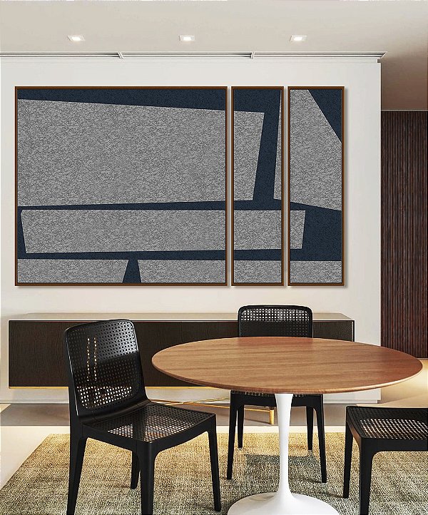 Trio de Quadros Estilizados Abstrato Cinza Azul Mosaico Minimalista Canvas Moldura