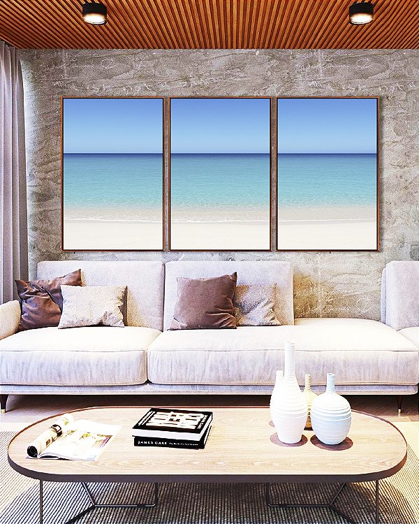 Trio de Quadros Mar Azul Claro Céu Limpo e Areia Branca Canvas Moldura