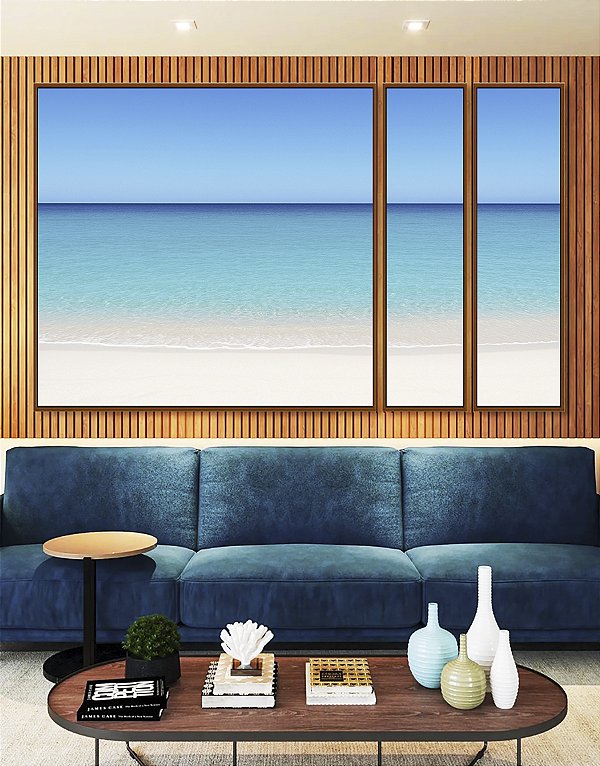 Trio de Quadros Estilizados Mar Azul Claro Céu Limpo e Areia Branca Canvas Moldura