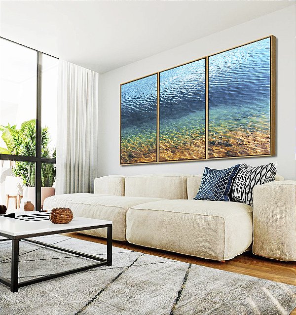 Trio de Quadros Mar Azul Pedras Texturas da Natureza Praia Canvas Moldura
