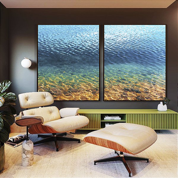 Duo de Quadros Mar Azul Pedras Texturas da Natureza Praia Canvas Moldura