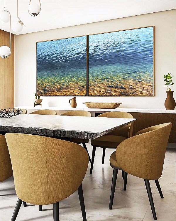 Duo de Quadros Quadrados Mar Azul Pedras Texturas da Natureza Praia Canvas Moldura