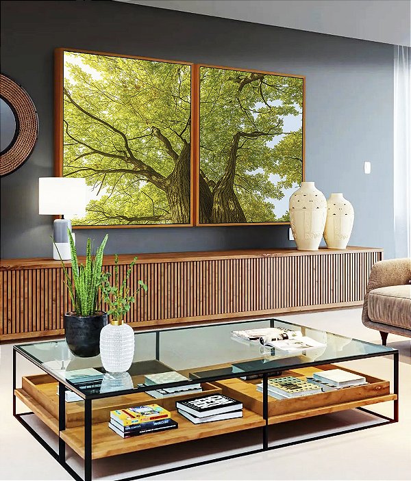 Duo de Quadros Árvores Folhas Verdes Céu Claro Paisagem Natureza Canvas Moldura