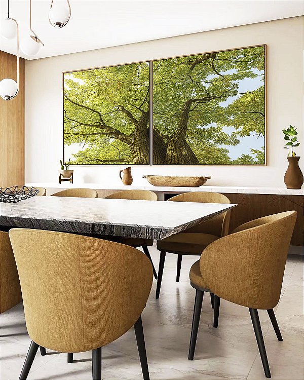 Duo de Quadros Quadrados Árvores Folhas Verdes Céu Claro Paisagem Natureza Canvas Moldura