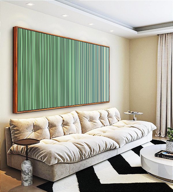 Quadro Horizontal Abstrato Degradê Listras Verde Turquesa Canvas Moldura