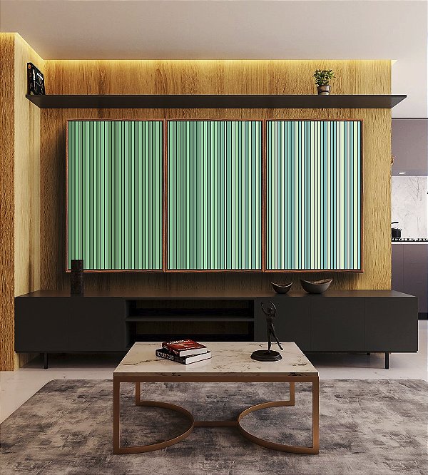 Trio de Quadros Abstrato Degradê Listras Verde Turquesa Canvas Moldura