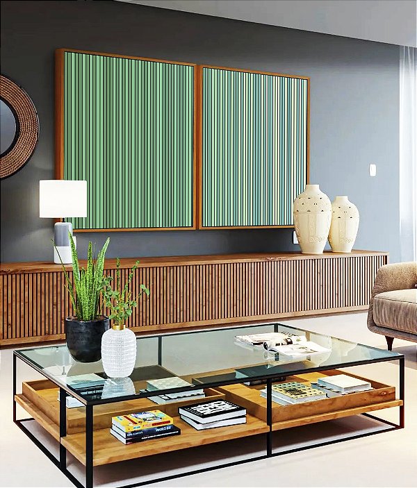 Duo de Quadros Abstrato Degradê Listras Verde Turquesa Canvas Moldura