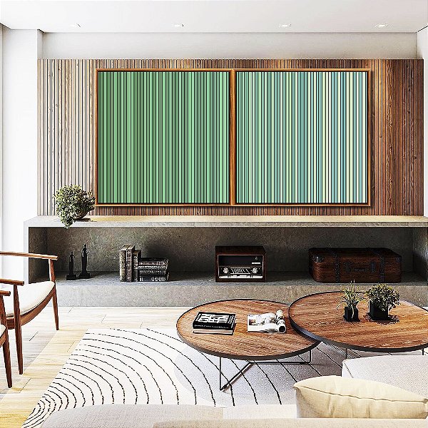 Duo de Quadros Quadrados Abstrato Degradê Listras Verde Turquesa Canvas Moldura