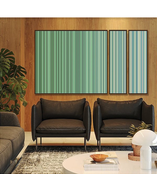 Trio de Quadros Estilizados Abstrato Degradê Listras Verde Turquesa Canvas Moldura