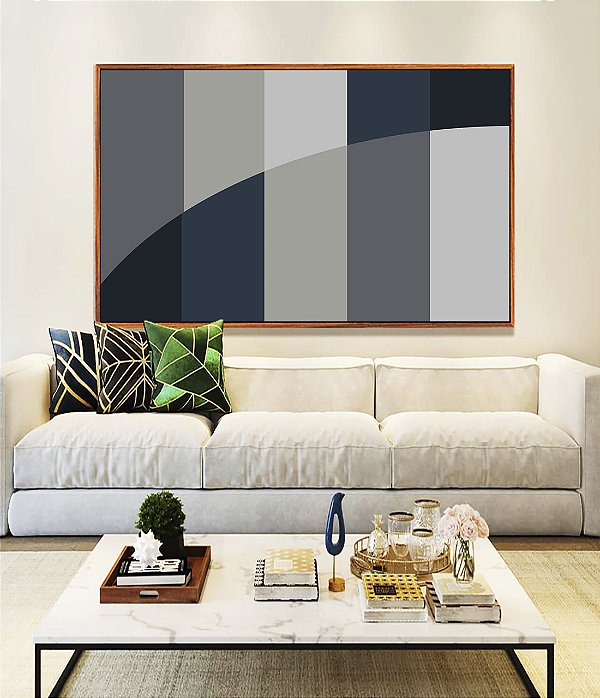 Quadro Horizontal Abstrato Geométrico Listras Círculo Azul Cinza Canvas Moldura