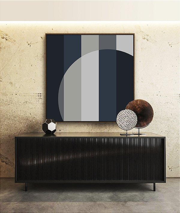 Quadro Quadrado Abstrato Geométrico Listras Circulo Azul Cinza Canvas Moldura