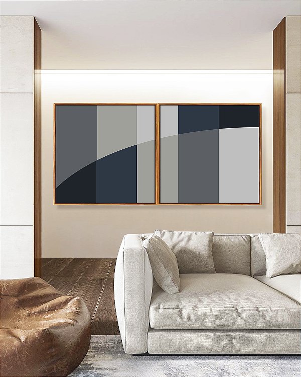 Duo de Quadros Quadrados Abstrato Geométrico Listras Circulo Azul Cinza Canvas Moldura