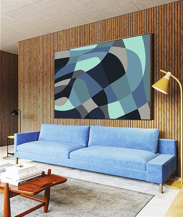Quadro Horizontal Abstrato Mosaico cores Azul Cinza Canvas Moldura