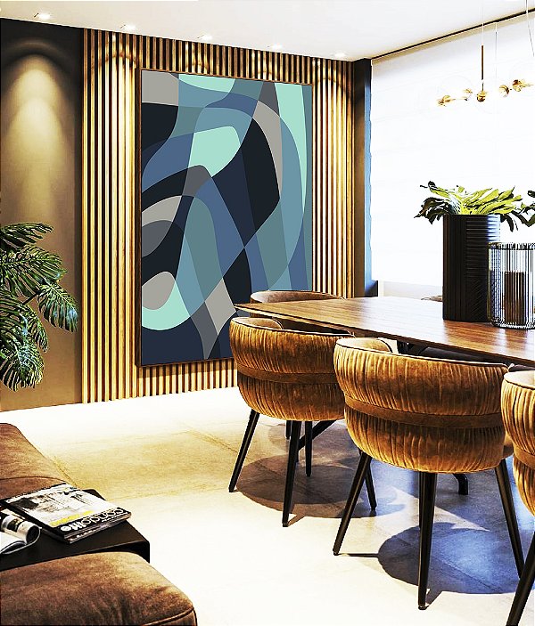 Quadro Vertical Abstrato Mosaico cores Azul Cinza Canvas Moldura